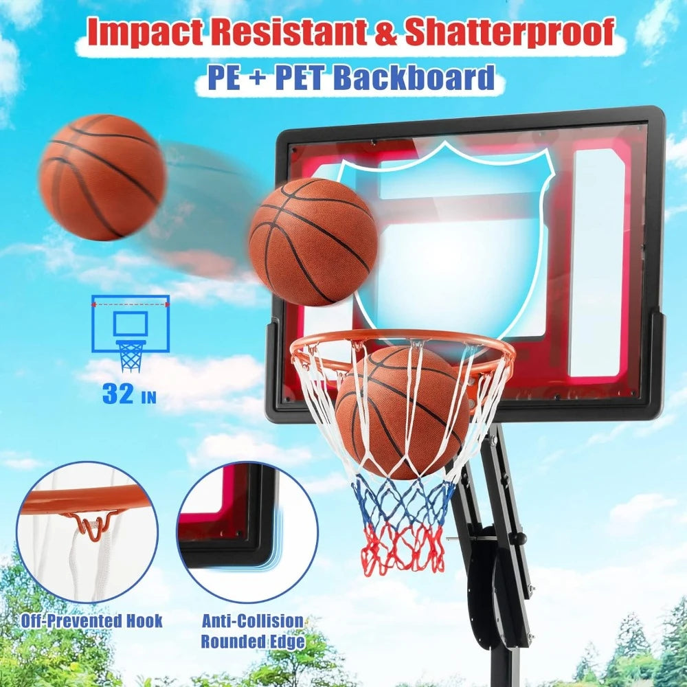 Portable Basketball Hoop Outdoor, 3.5FT-8.5FT Height Adjustable Basketball Stand with Shatterproof Backboard, Weighted Bag