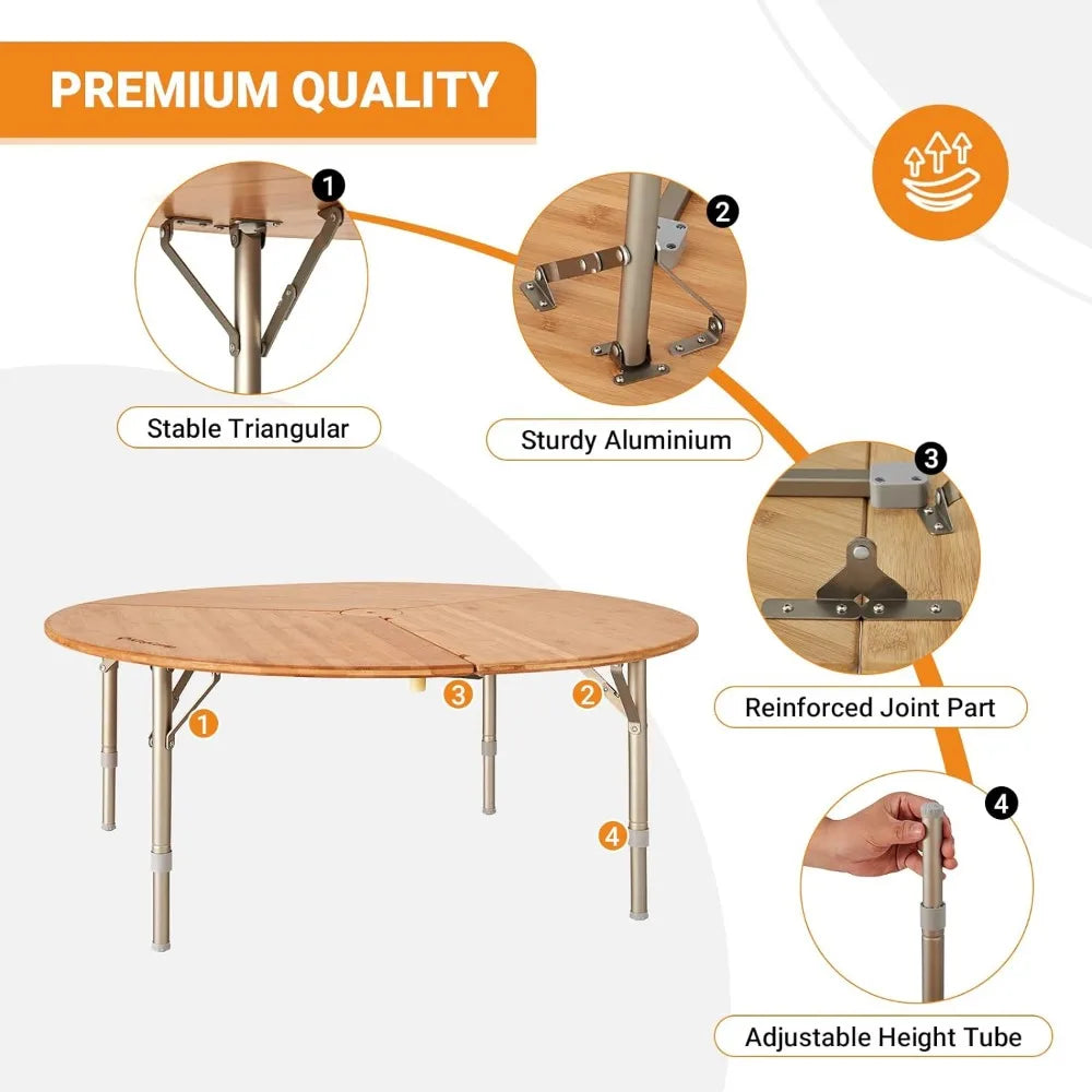 Round 3 Fold Portable Camp Table with Heavy Duty Adjustable Height Aluminium Leg