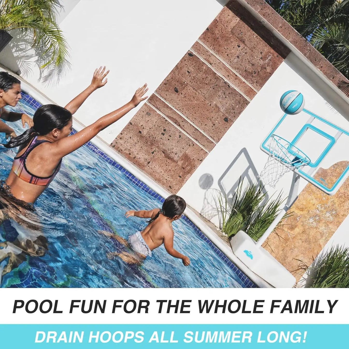 Dunn-Rite Splash & Shoot Outdoor Adjustable Height Swimming Pool Basketball Hoop w/Ball, Base, & 18 Inch Stainless Steel Rim