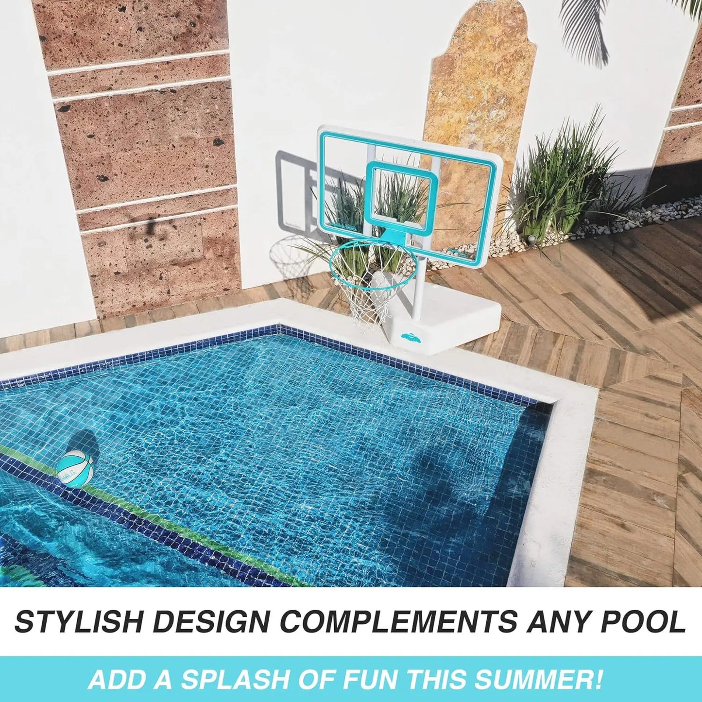 Dunn-Rite Splash & Shoot Outdoor Adjustable Height Swimming Pool Basketball Hoop w/Ball, Base, & 18 Inch Stainless Steel Rim