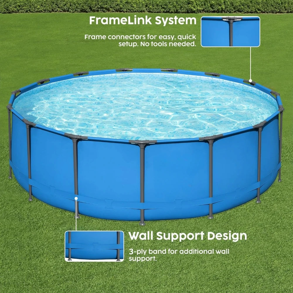 Framed Pool 15’ x 48" Large Frame Round Metal Steel Frame  Above Ground Outdoor Backyard Family Swimming Pool, Blue