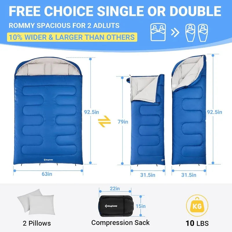 Adult Double Sleeping Bag, XL Large Tall Sleeping Bag with 2 Pillows for Camping Backpacking, Waterproof, 93"*63" Large Size