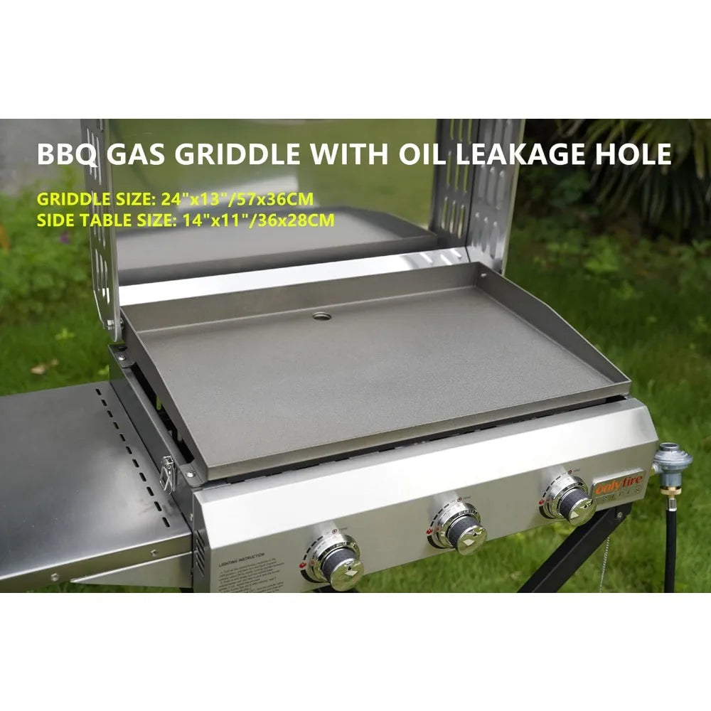 Portable BBQ Gas Griddle, 3-Burner With Cart & Side Table