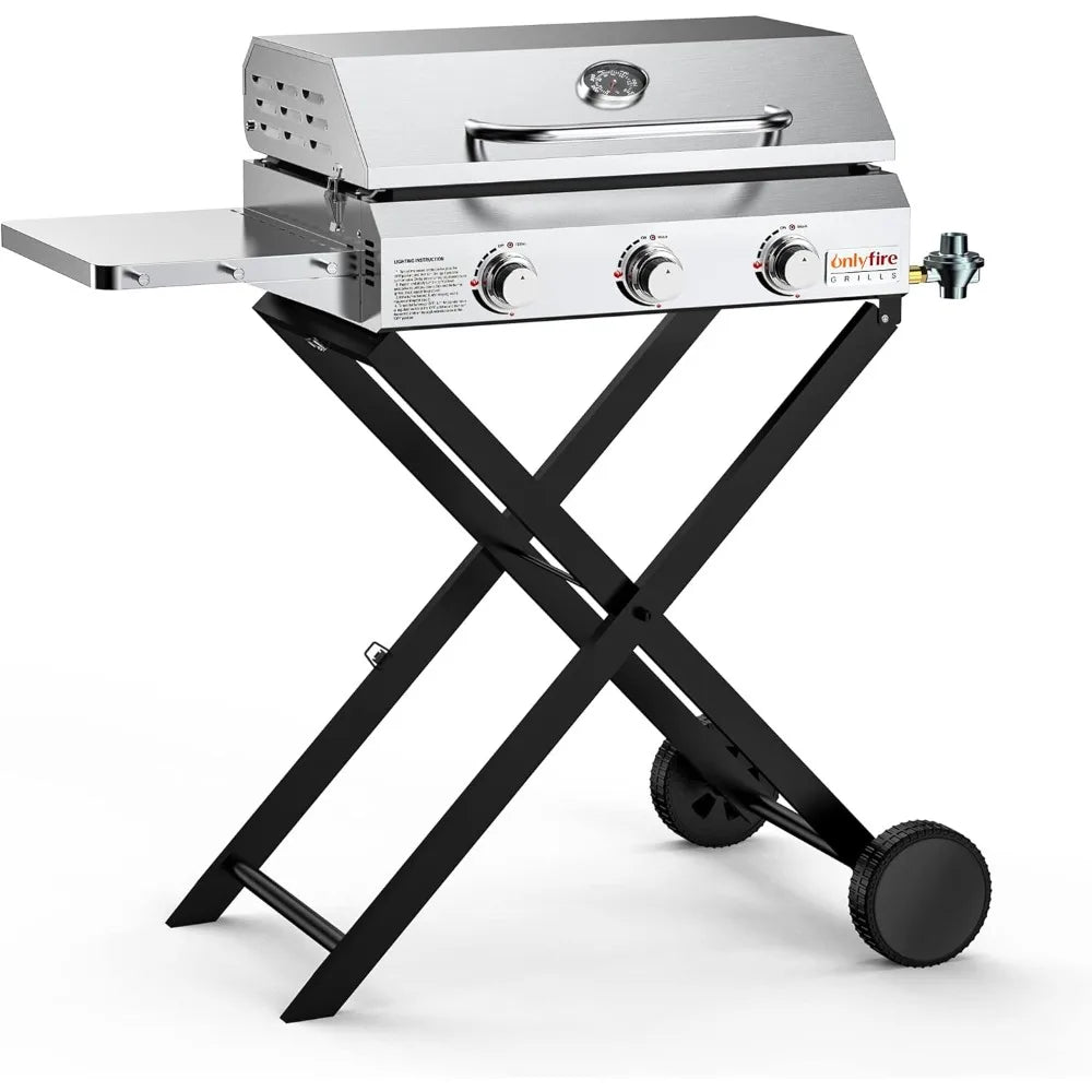 Portable BBQ Gas Griddle, 3-Burner With Cart & Side Table