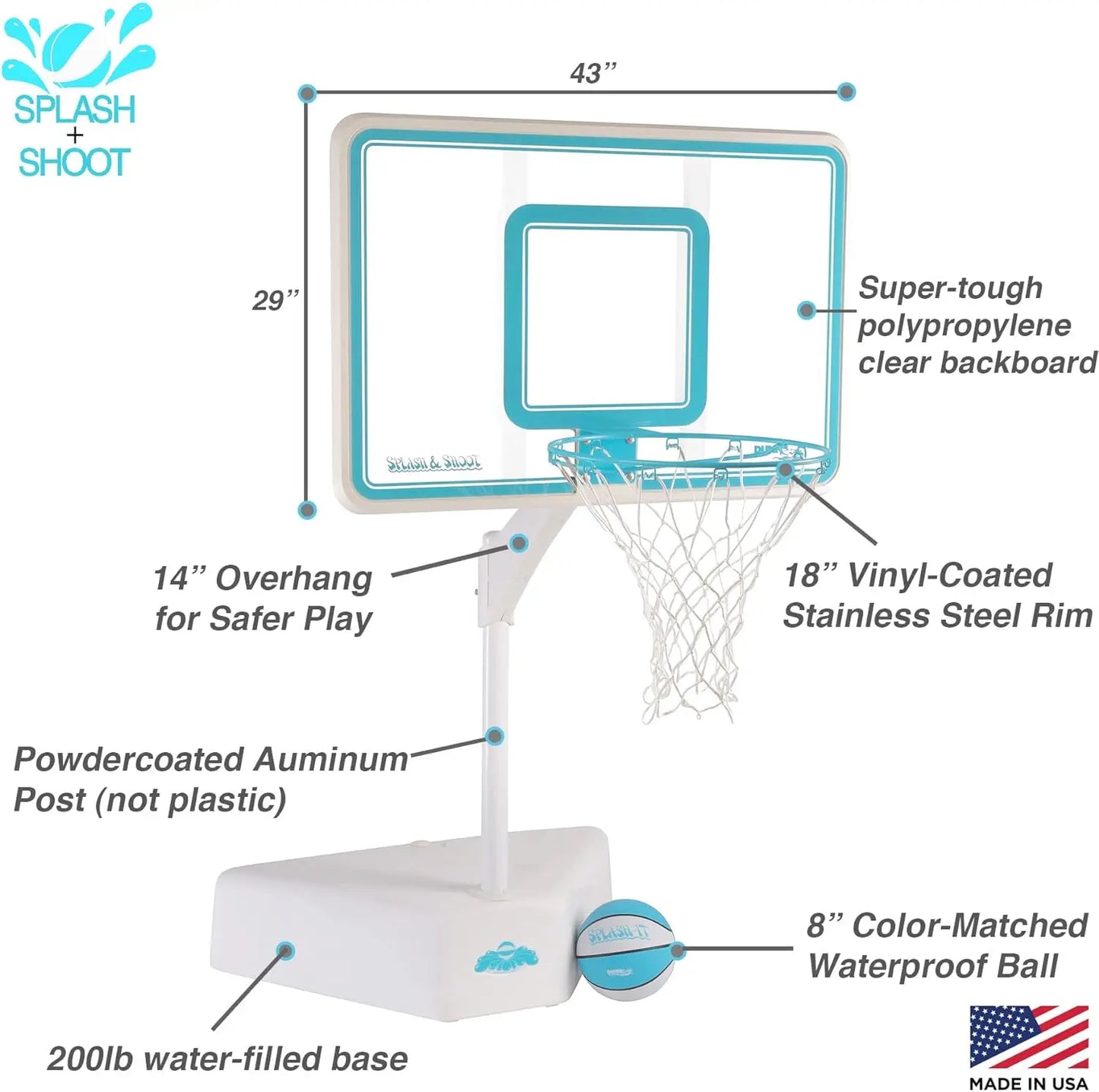 Dunn-Rite Splash & Shoot Outdoor Adjustable Height Swimming Pool Basketball Hoop w/Ball, Base, & 18 Inch Stainless Steel Rim