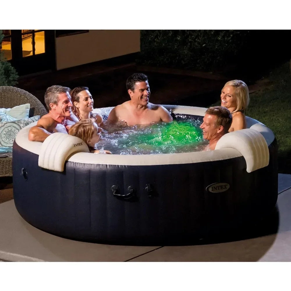 6 Person Inflatable 85" Round Outdoor Hot Tub Spa With 170 Bubble AirJets Swimming Pool Heating and LED Color Changing Lights