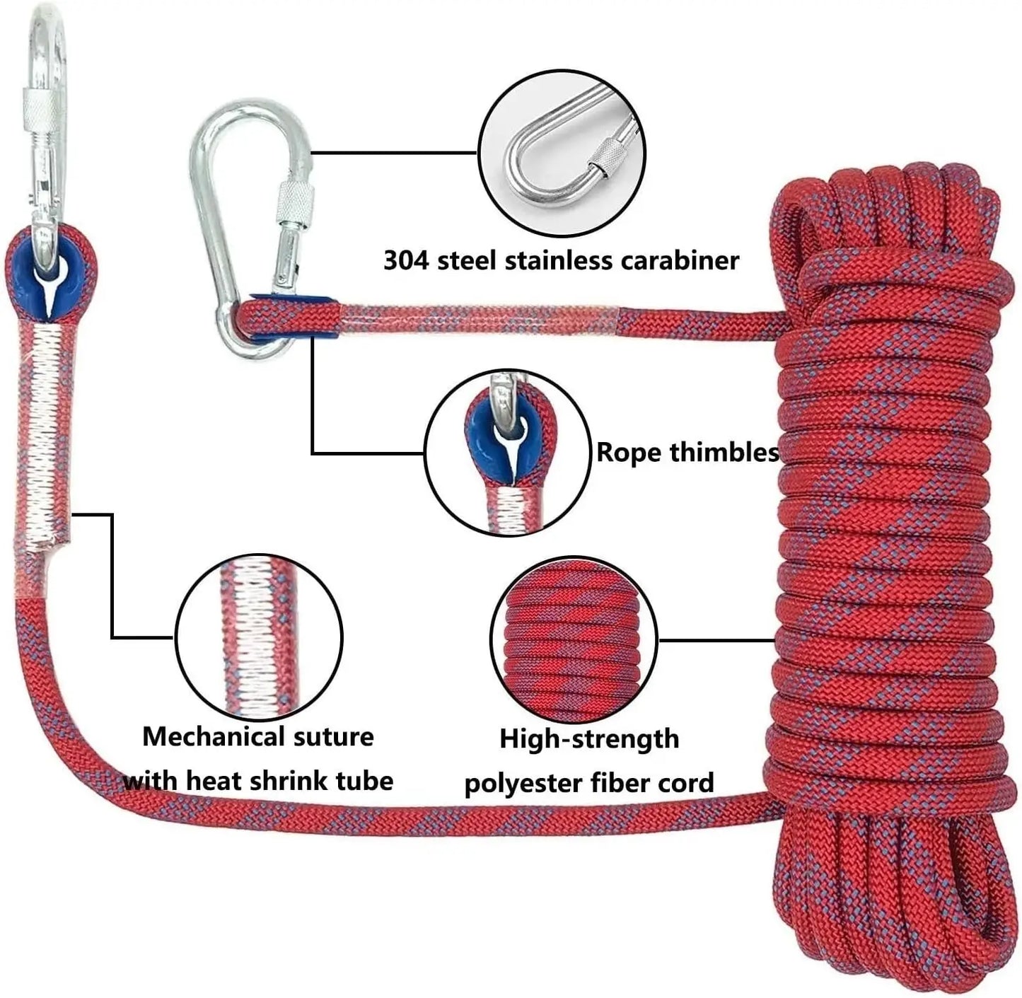 16MM /52ft Outdoor Climbing Rope Length10m-200m with 2 Steel Hooks/ Rappelling Rope