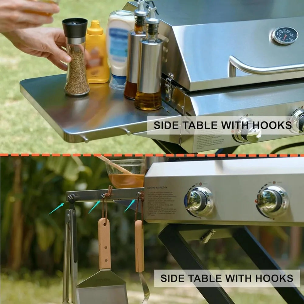 Portable BBQ Gas Griddle, 3-Burner With Cart & Side Table