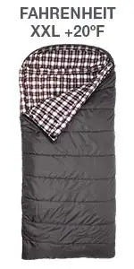 Fahrenheit XXL-25, 20, and 0 Degree Sleeping Bag for Adults;Warm Cotton Lining for Camping in Comfort, All Weather