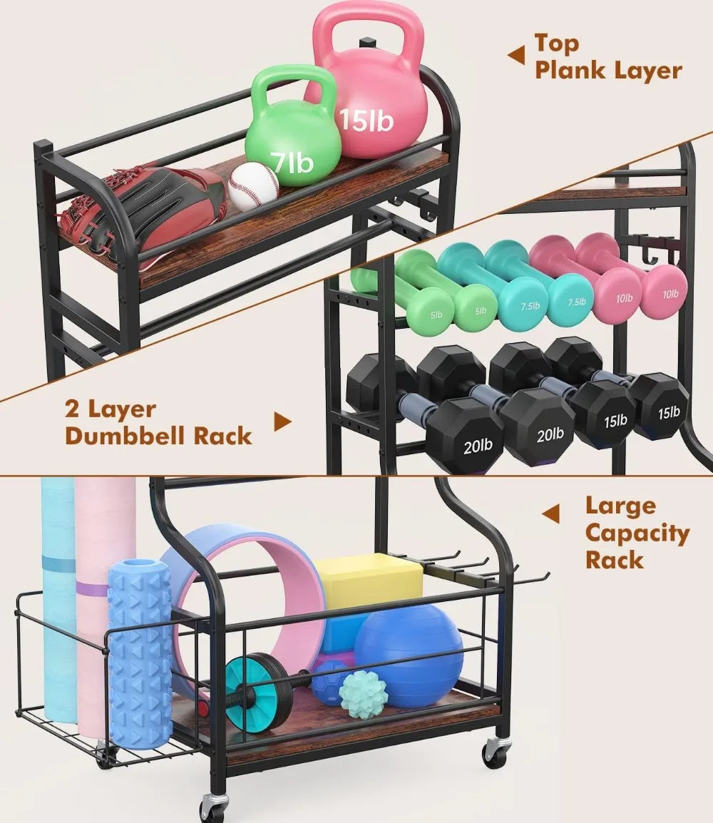 All in One Home Gym Storage Rack for Yoga Mat Dumbbells and Kettlebells Holder,