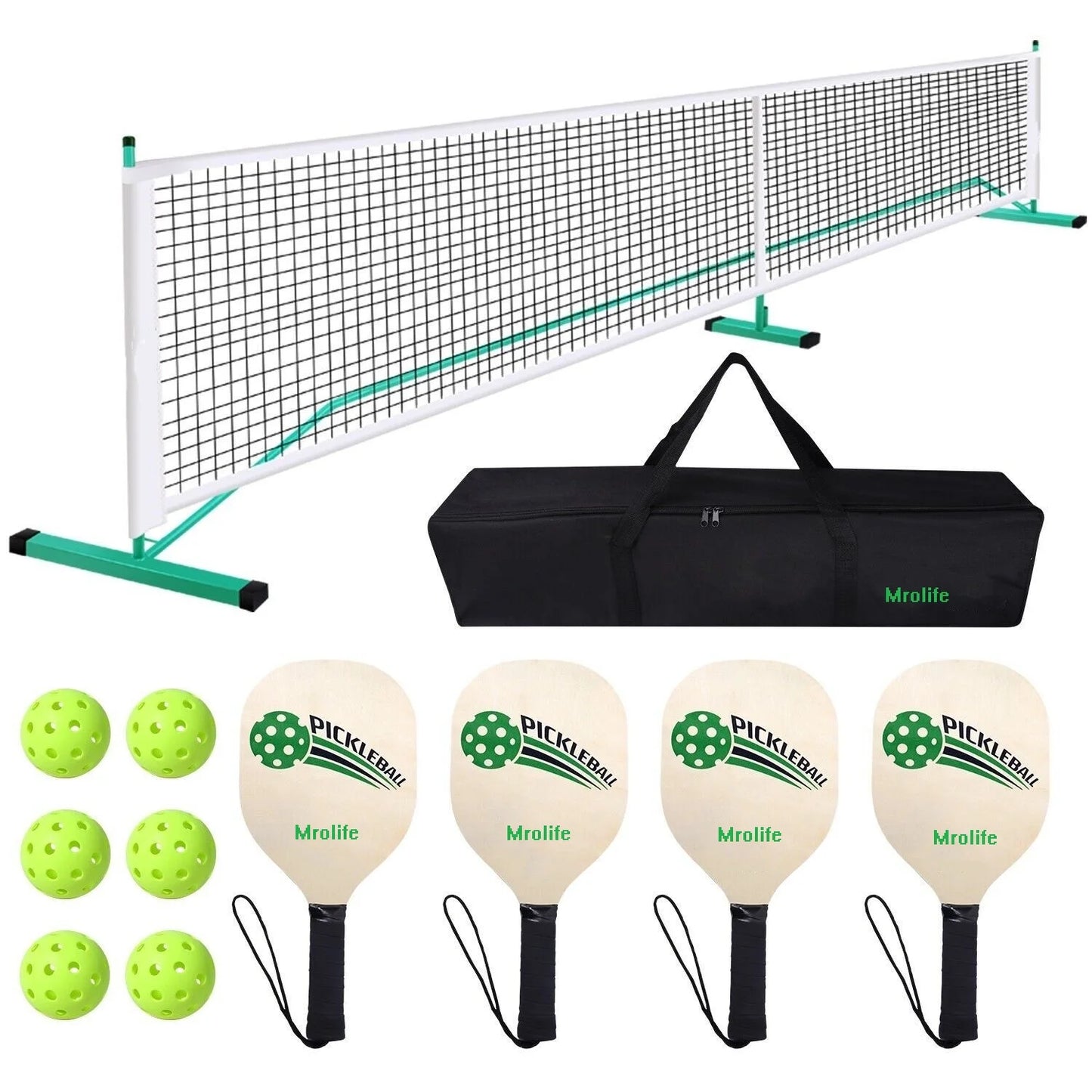 Portable Pickleball Net System with 4 Paddles 6 Pickleballs Full Court Official Regulation Size