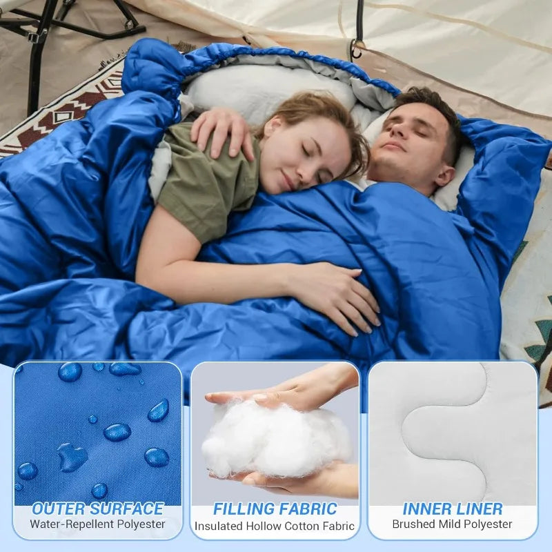 Adult Double Sleeping Bag, XL Large Tall Sleeping Bag with 2 Pillows for Camping Backpacking, Waterproof, 93"*63" Large Size