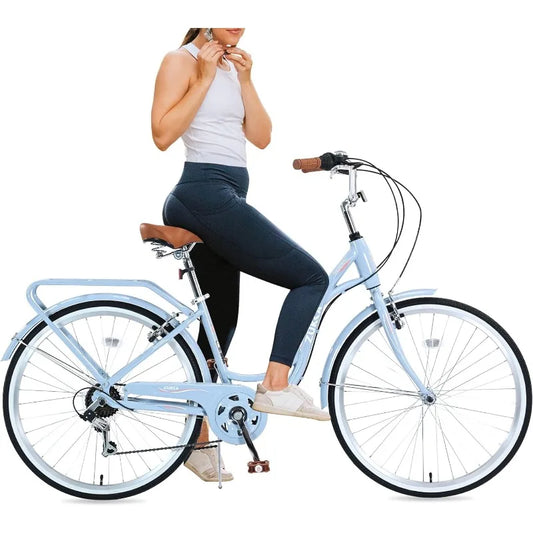 Women's Beach Cruiser 26 Inch Bicycle for Women with Adjustable Seat, 7 Speed Commute Bike