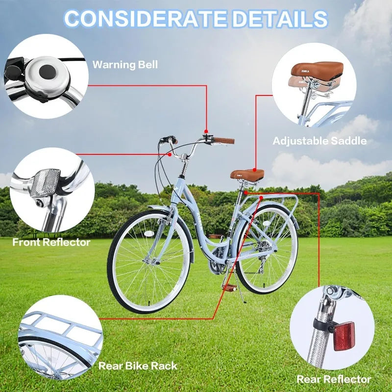 Women's Beach Cruiser 26 Inch Bicycle for Women with Adjustable Seat, 7 Speed Commute Bike