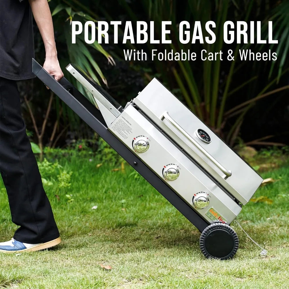 Portable BBQ Gas Griddle, 3-Burner With Cart & Side Table