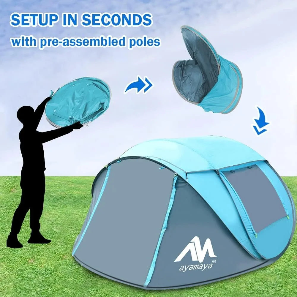 4 Person Pop Up Tent, Waterproof with Skylight & Removable Rainfly