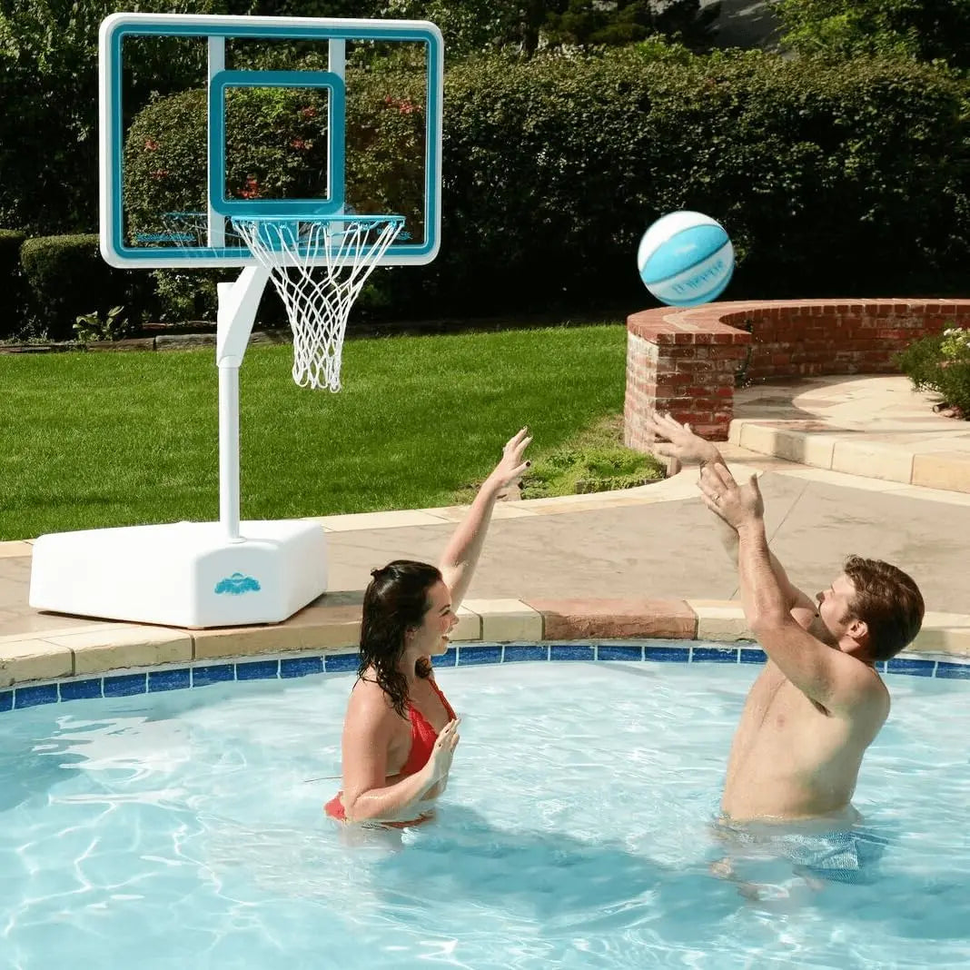 Dunn-Rite Splash & Shoot Outdoor Adjustable Height Swimming Pool Basketball Hoop w/Ball, Base, & 18 Inch Stainless Steel Rim