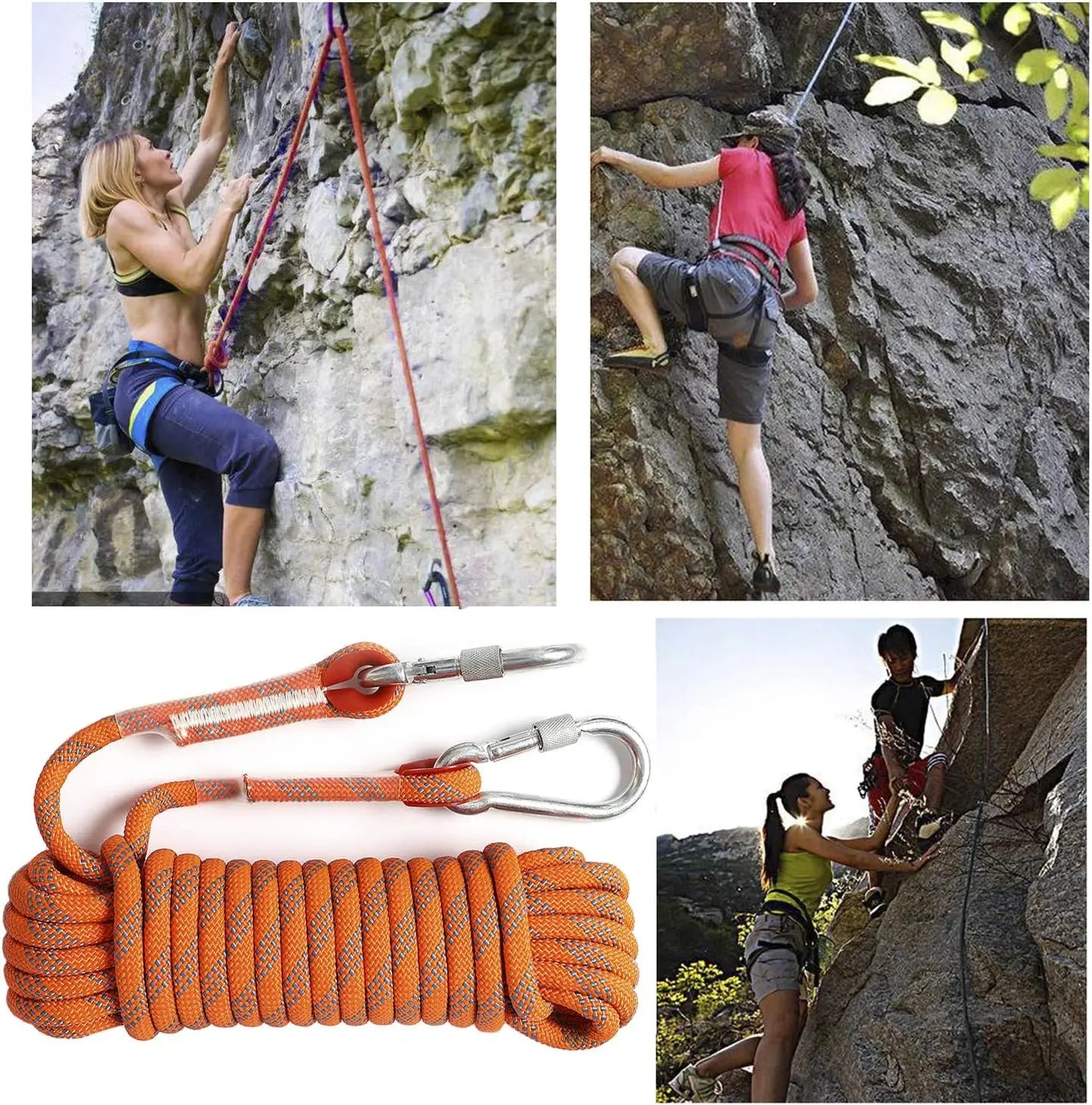 10mm Static Rock Climbing Rope 200FT Outdoor,Safety Ropes with Carabine Rescue Grap