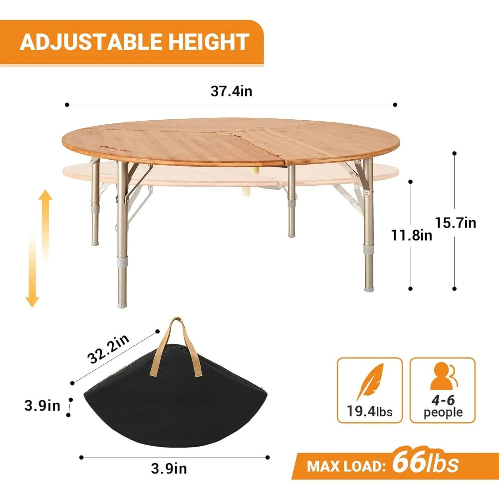 Round 3 Fold Portable Camp Table with Heavy Duty Adjustable Height Aluminium Leg