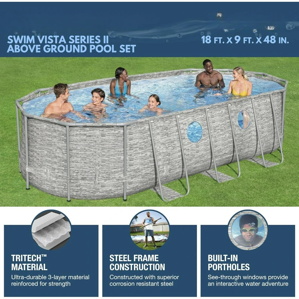 Above Ground Outdoor Swimming Pool Set  18' x 9' x 48" with 1500 GPH Filter Pump, Ladder, and Pool Cover Large Family Pool