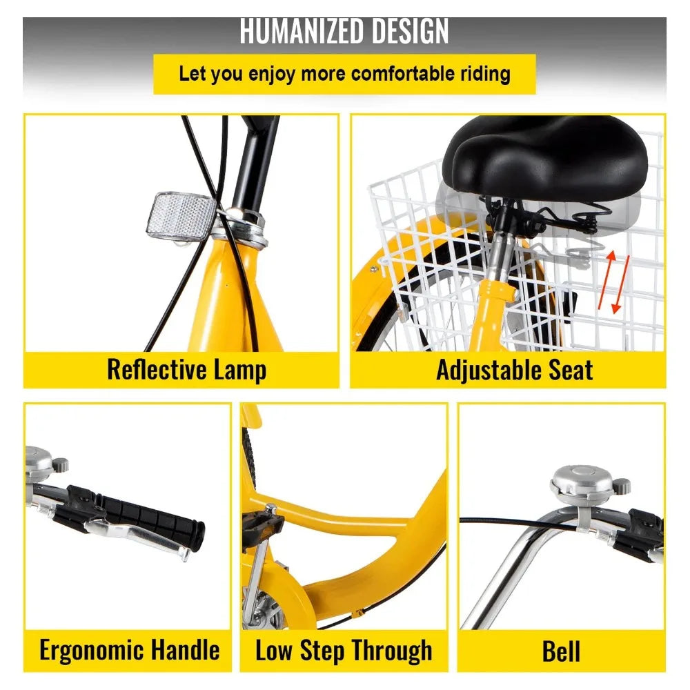 New 3 Wheel Adult  24'' Yellow Trike with Large Basket for Riding