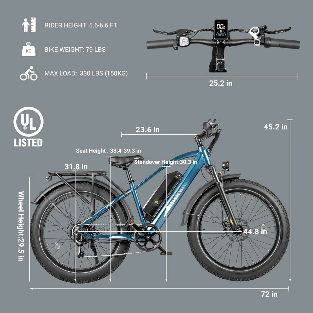 26" Fat Tire Electric Mountain Bike, 25MPH,E-Bike 7 Speed & Front Suspension