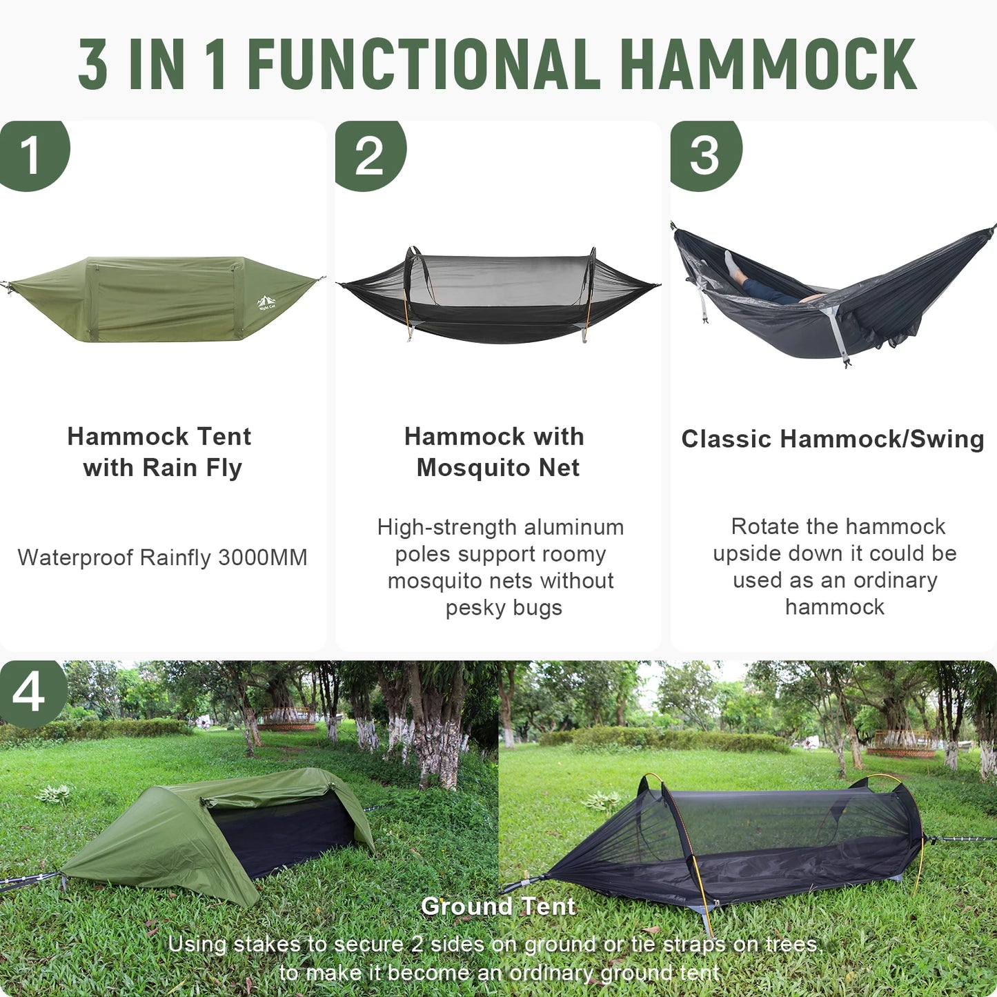 Night Cat 2 Person Waterproof Camping Hammock with Rain Fly and Bug Net