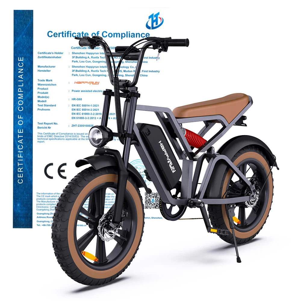 G60 City Electric Bicycle, 48V 1500W, Peak 18Ah, Removable Battery, 50km/H 20-Inch Fat Tires, Shimano 7-Speed Electric Bike