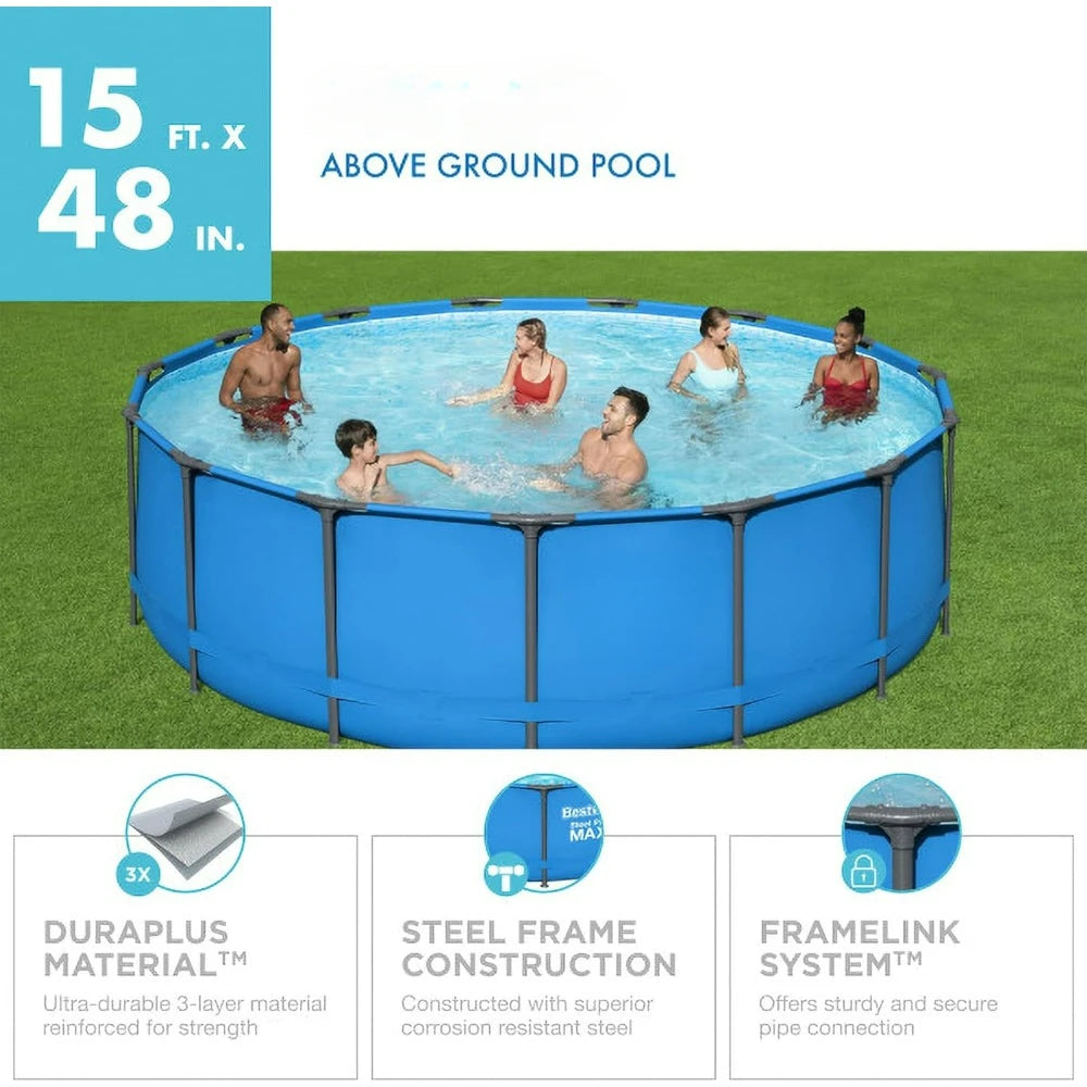 Framed Pool 15’ x 48" Large Frame Round Metal Steel Frame  Above Ground Outdoor Backyard Family Swimming Pool, Blue