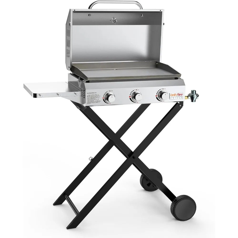 Portable BBQ Gas Griddle, 3-Burner With Cart & Side Table